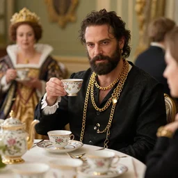 BA Baracus with gold chains at a teaparty with the Queen holding porcelain teacup