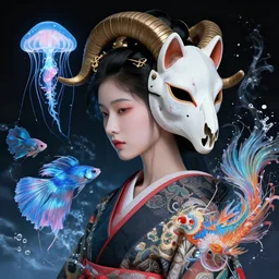 3 d goddess in robe close - up profile portrait with ram skull. beautiful intricately detailed japanese crow kitsune mask and clasical japanese kimono. betta fish, jellyfish phoenix, bio luminescent, plasma, ice, water, wind, creature, artwork by tooth wu and wlop and beeple and greg rutkowski