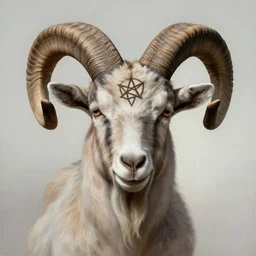 a realist painted portrait a human with a goat head with large curly horns and a pentagram on its forehead, empty background