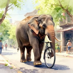 a beautifuly intricate watercolor, low angle wide shot, street scene, elephant cycling on the street, volumetric lighting, beautiful, day time, spring, sunny weather, sharp focus, highly detailed, photorealistic, 4 0 0 0 k, f 1. 4, cgsociety, by greg rutkowski, by james jean, by rossdraws, by frank franzzeta, by sa