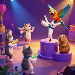 cats in a rave drinking margaritas and dancing capoeira while a parrot does karate on the podium with a mexican chinchilla on molly, 3d scene, render, ultra realistic, zenith view, Greg Rutkowski, artstation, cgsociety, level design, unreal engine, 3d scene, render, ultra realistic, Enki Bilal style