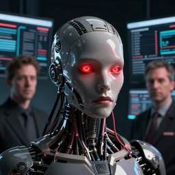 a Portrait of a cyborg with wires coming out of his face, red glowing eyes, by Sam Spratt, by Vlad Rodriguez, computer screens in the background, trending on Artstation, dark, dramatic, cinematic, realistic studio lighting, realistic reflections, 4k, professional, canon