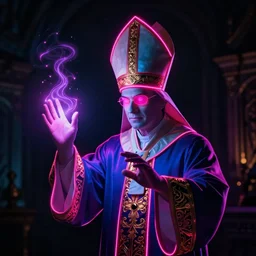 epic neon wizard wearing a catholic mitre hat, casting a spell in the darkness