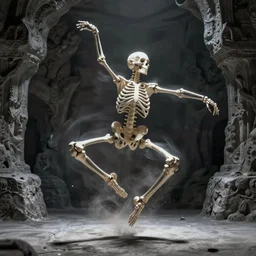 a skeleton made of void dancing without a care, artistic photography, f stop, iso, gray dungeon background, very realistic
