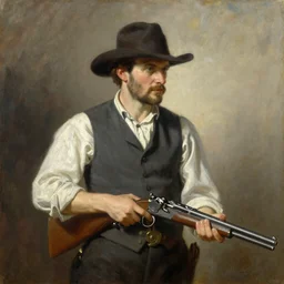 a portrait painting of a gunslinger gentleman, art greg rutkowski and william - adolphe bouguereau
