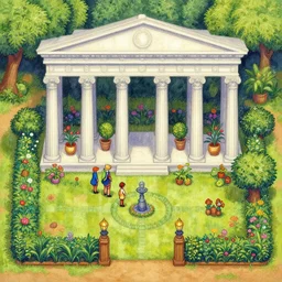 painting of a classical doric garden, rendered in octane trending on cgsociety. extremely detailed and intricate art. in the style of stardew valley painted in watercolors, by dawe gabriel and dean roger