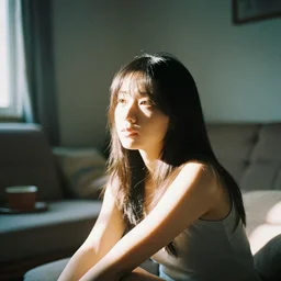 film photography of the light shining on girl in living room interior, soft light, no focus