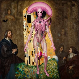 pink xenomorph human hybrid saint icon religious painting by yoshu hashimoto chikanobu and gustav klimt, baroque portrait painting, detailed octane render trending on artstation artgerm, 8 k artistic photography, volumetric cinematic perfect light, chiaroscuro, masterpiece, raphael, caravaggio, beksinski, rutkowski, giger