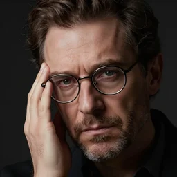 portrait photograph of a male italian artist wearing glasses, anxiety and depression, intricate, elegant, highly detailed, hyper realistic, dark background, artstation, smooth, sharp focus, shot by canon, by greg rutkowski