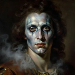 a baroque neoclassicist close - up portrait of a dark sci - fi magician wearing circus make - up while gazing intensely. iridescent and reflective texture. glowing magic. head, face and shoulders. foggy surroundings. renaissance portrait painting. highly detailed science fiction painting by norman rockwell, frank frazetta, and syd mead. rich colors, high contrast, gloomy atmosphere, dark background. trending on artstation.