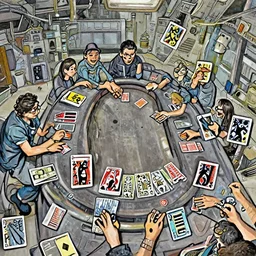 people playing cards at the table inside a space base , artwork by Sergey Kolesov, detailed, dynamic, cinematic composition