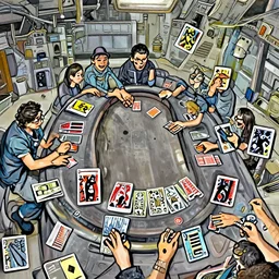 people playing cards at the table inside a space base , artwork by Sergey Kolesov, detailed, dynamic, cinematic composition