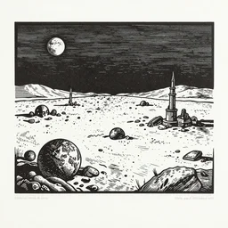 linocut print of a desolate colony on mars by simon bisley, hr giger and beksinski, ink, detailed, clean lines
