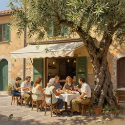 a traditional pizzeria in the street of a small village on the riviera. a terrace in the shade of a hundred - year - old olive tree, a friendly atmosphere around pizzas and rose wine. dolce vita. unreal engine rendering, hyper realist, ultra detailed, oil painting, warm colors, happy, impressionism, da vinci, 4 k,