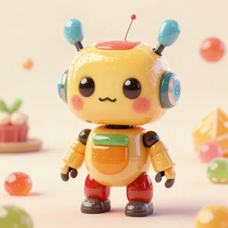A cute robot constructed from candy, in a Pixar Artstyle, ultra-detailed. Anime, pixiv, octane render, Disney, trending on ArtStation