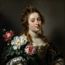 a painting of the queen of flowers, a flemish baroque by roberto ferri, behance, classical realism, flemish baroque, chiaroscuro, an ultrafine detailed painting.