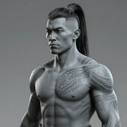 a grey - skinned warrior man with tribal tattoos and an undercut ponytail, highly detailed, digital painting, artstation, concept art, smooth, sharp focus, illustration, art by artgerm and greg rutkowski and alphonse mucha