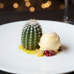 a fine dining dessert plate of spiky cactus and ice cream, sugar sprinkled, food photography, michelin star, fine dining, bokeh
