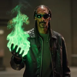 cinematic film still of Snoop Dogg starring as a futuristic Marvel Super Hero holding green fire, 2022, 40mm lens, shallow depth of field, film still