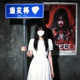 a woman in a white dress holding a blue street sign, a poster by ike no taiga, tumblr, dau - al - set, creepypasta, horror film, nightmare