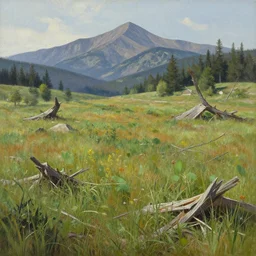 landscape painting of destroyed meadows with mountainrange in background, dystopian wasteland, destroyed nature, summer, fine details, magali villeneuve, artgerm, rutkowski
