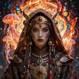 demon goddess close-up portrait tribal beautiful slavic russian monk in hooded princess queen, ancient high tech, cyberpunk, dystopian, jellyfish phoenix dragon, butterfly squid, burning halo, intricate artwork by Tooth Wu and wlop and beeple, greg rutkowski and artgerm and alphonse mucha, cinematic, hyper realism, high detail, octane render, unreal engine, 8k, Vibrant colors, Smooth gradients, High contrast, depth of field, aperture f1.2