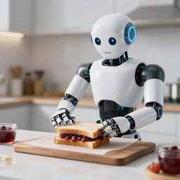 in the kitchen, a humanoid robot makes a jam sandwich, realistic light, soft light, focus, depth of field, photorealism, 8 k quality, full quality, realistic style
