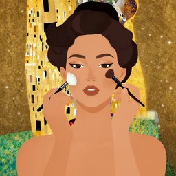 vector illustration of a over tanned instagram influenza girl, siliconized, too much plastic surgery, doing a make up tutorial, artstation, smooth, sharp focus, art by gustav klimt - alphonse mucha - adolphe bouguereau
