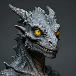 a portrait of a very non-human character with the head of a dragon, gray leathery skin, gaunt facial structure, and yellow eyes