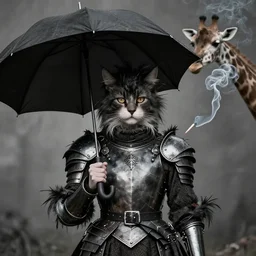 photographic portrait max ernst sad woman cat feathers, wearing armor, holding an umbrella and a giraffe, spiraling cigarette smoke, editorial