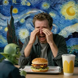 man inside of mcdonald crying over a hamburger while the grimace watches in the style of van gogh