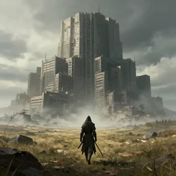 a lonely warrior walks across a landscape towards a massive brutalist building in the distance, digital art in the style of simon stalenhag, 8k, octane render