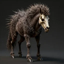 a monster shapeshifter with a face of a skeletal horse, massive porcupine quills, long limbs, stands on two bent legs, photograph award winning, unreal engine, hyper realistic, dark volumetric lighting, 4 k,