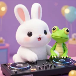 happy super cute fluffy white bunny rabbit with a lizard party girl DJing with DJ turntables, photoreal