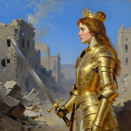 ultradetailed princess of mars looking at the cost of war, seen from the side, destroyed city, high noon, blue sky, detailed gold armor, sword, portrait, oil painting, by sargent,