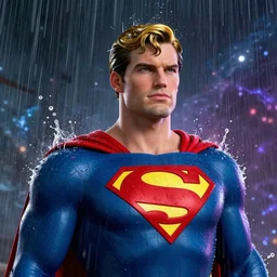 superman cartoon portrait made out of rain, pinstripe suit, short blond hair, galactic background, rendered in octane, unreal engine, highly detailed, trending on artstation, realistic, splashes of neon, beautiful