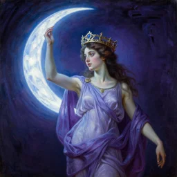 a renaissance oil painting by alma tadema of the modern reincarnation of the old selenium god of hunt also known as artemixel the selene carrying the celebrated crown of the crescent moon wich its usual bright and slightly bluish crescent, sci - fi blue and purple color scheme, artstation, by moebius, detailed academic bouguereau, sharp focus