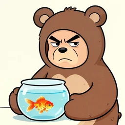 a grumpy human man wearing a bear costume, holding a fish bowl with a goldfish inside it, in the style of bill watterson