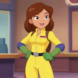 beautiful brown hair female reporter in a yellow jumpsuit character april o ’ neil from animated series teenage mutant ninja turtles ( tmnt 1 9 8 7 )