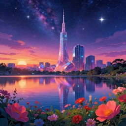 architecture by wayne thiebaud, cosmic at dawn sunset flowers magic realism retrowave nightsky hyperrealism anime lake tokyo landscape nature myst alien cyberpunk lightpaint vaporwave scumm bar crystal universe, archdaily, wallpaper, highly detailed, trending on artstation.