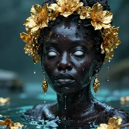 hyperrealistic post - classical cinematic very expressive! black oshun goddess, white eyes, body in water, mirror dripping droplet!, gold flowers, highly detailed face, digital art masterpiece, smooth cam de leon eric zener dramatic pearlescent teal light, ground angle uhd 8 k, sharp focus