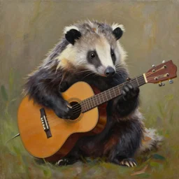 oil painting of a virginia opossum playing guitar, artwork in the style of micheal whelan