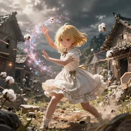Photorealistic anime, a young sorceress with short blonde hair and a cotton dress fights a battle using her magic, chaos in the village