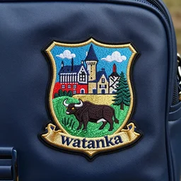 closeup photo of a colorful embroidered patch of the coat - of - arms of a buffalo - themed house of hogwarts. the patch is sewn onto a leather school - bag. the name watanka appears on the patch.