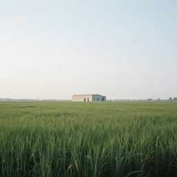 A serene landscape with a singular building in the style of Emmanuel Shiu.
