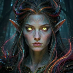 full face epic portrait, forest elf with glowing eyes, elden ring, matte painting concept art, midjourney, beautifully backlit, swirly vibrant color lines, majestic, cinematic aesthetic, smooth, intricate, 8 k, by ilya kuvshinov, artgerm, darius zawadzki and zdizslaw beksinski