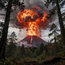 exploding volcano in a forest, post - apocalyptic, ultra realistic, 8 k,