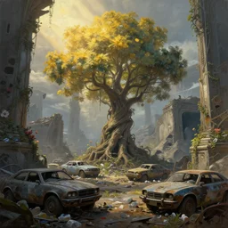 tree growing in ancient cyberpunk ruins, gray wasteland, many scrap hovercars, plastic waste, rubble, pillars, flowers, vines, hyperrealistic, highly detailed, cinematic, single ray of golden sunlight, beautiful, cgssociety, artstation, 8 k, oil painting by greg rutkowski, by artgerm, by wlop