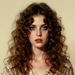 a beautiful but sinister girl who looks like a young shirley henderson in layers of fear, with haunted eyes and curly hair, 1 9 7 0 s, seventies, delicate embellishments, a little blood, crimson, painterly, offset printing technique, by jules bastien - lepage