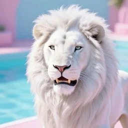 vaporwave white lion close up with dynamic lighting and pastel pool background
